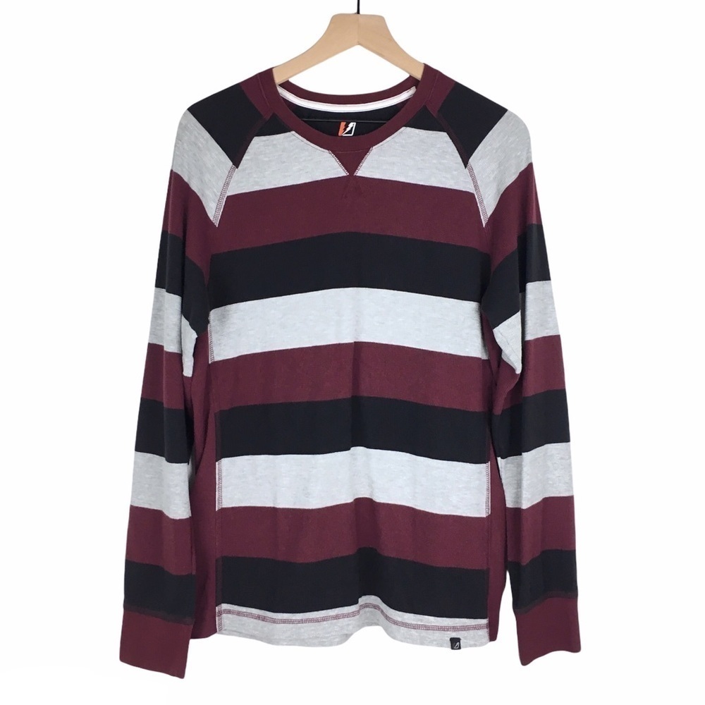 AMPLIFY Thermal Shirt Waffle Knit Long Sleeve Stripe Black Grey Burgundy Large